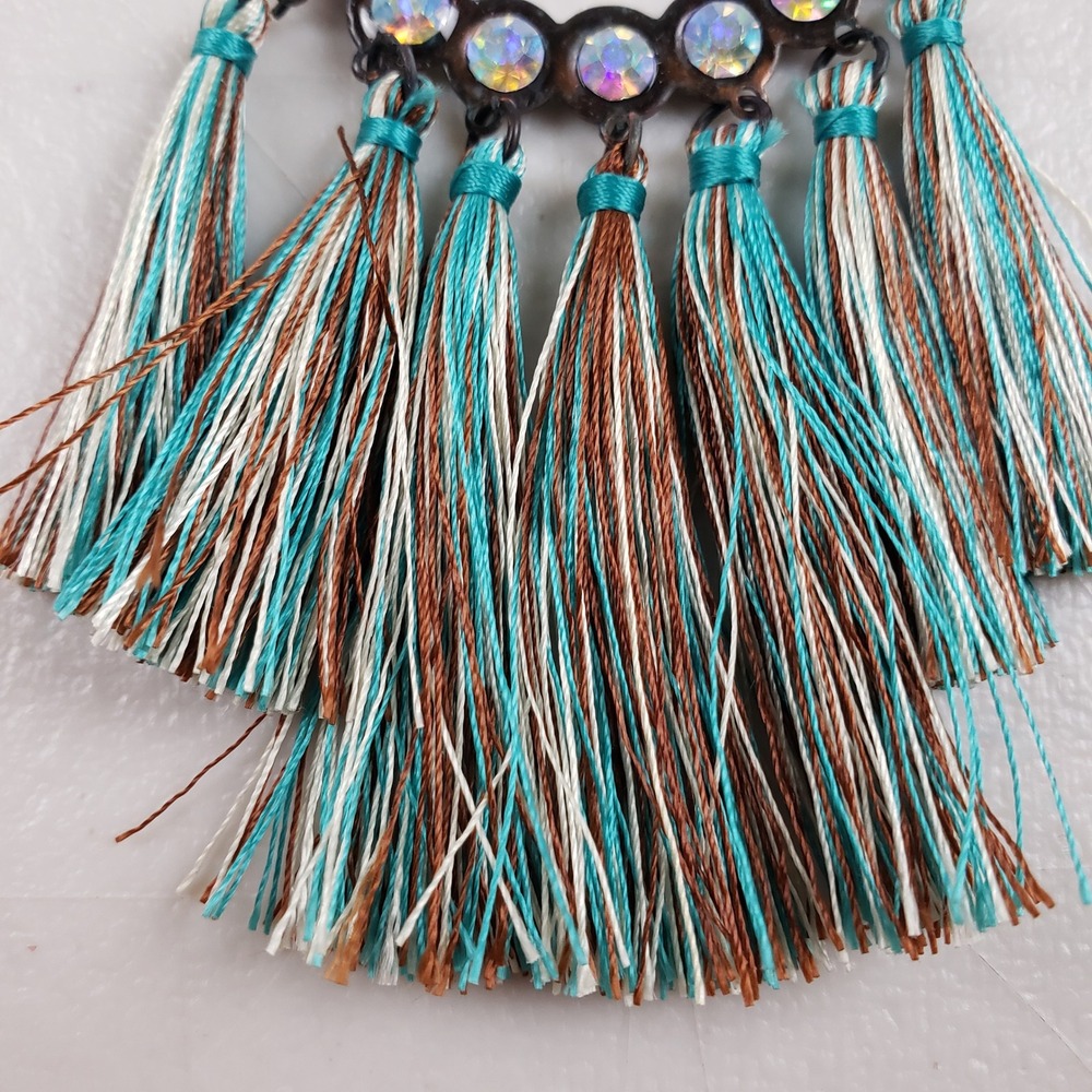 Boho Teal Brown Tassel Statement Earrings AB Crystal Copper Verdigris Boho Chic - Picture 3 of 7